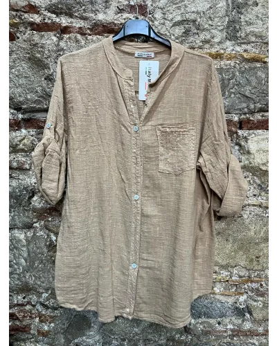 İtalyan Tek Cebi Pullu Tasarım Keten Gömlek Vizon