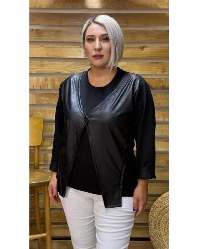 Tasarım Deri Yelek Detaylı Bluz Siyah