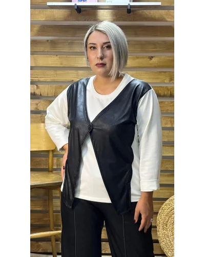 Tasarım Deri Yelek Detaylı Bluz Siyah