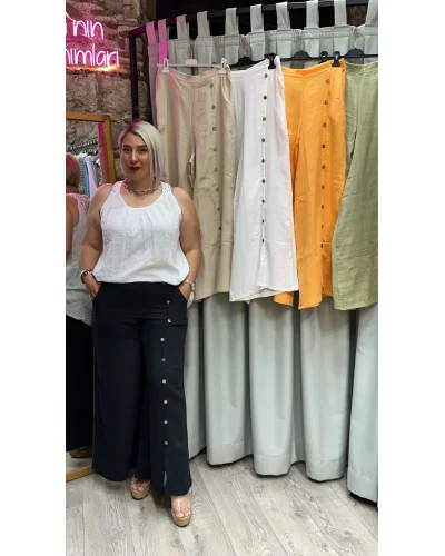 Tasarım Düğme Detaylı Müslin Pantolon