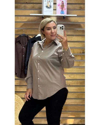 Tasarım Poplin Kumaş Klasik Gömlek Vizon