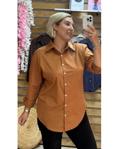Tasarım Poplin Kumaş Klasik Gömlek Karamel