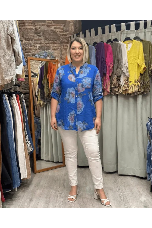İtalyan Tasarım Gül Baskı Keten Gömlek Saks Mavi