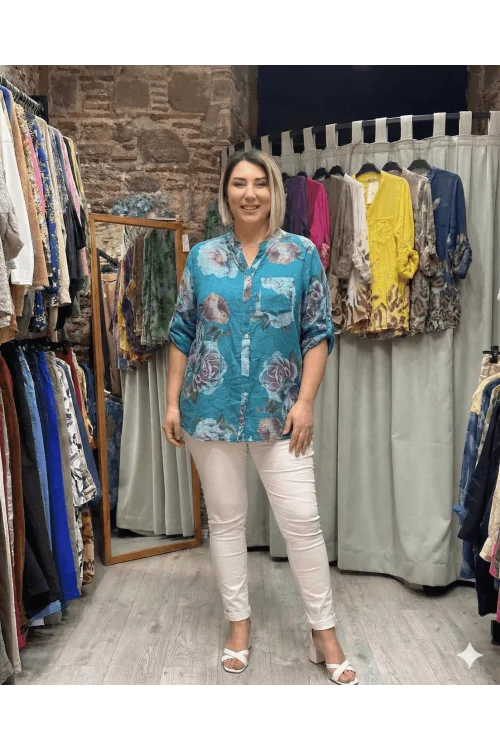 İtalyan Tasarım Gül Baskı Keten Gömlek Mercan Mavi