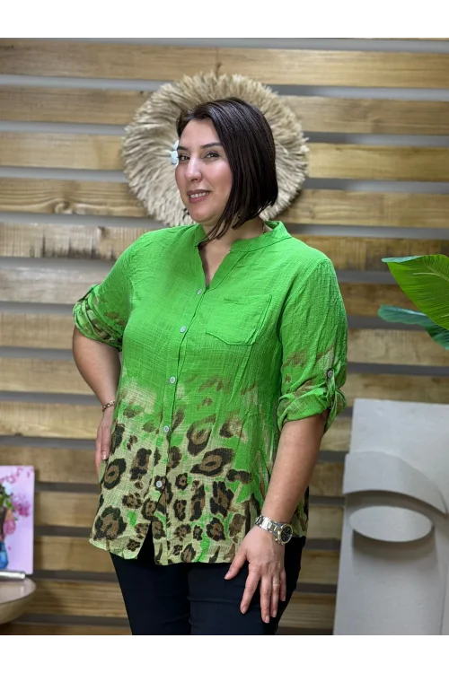 İtalyan Tasarım Keten Leopar Desen Gömlek Yeşil