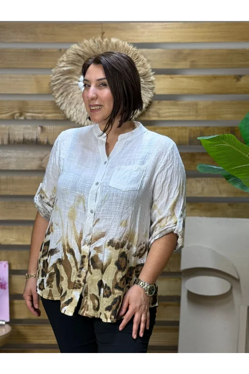 İtalyan Tasarım Keten Leopar Desen Gömlek Beyaz