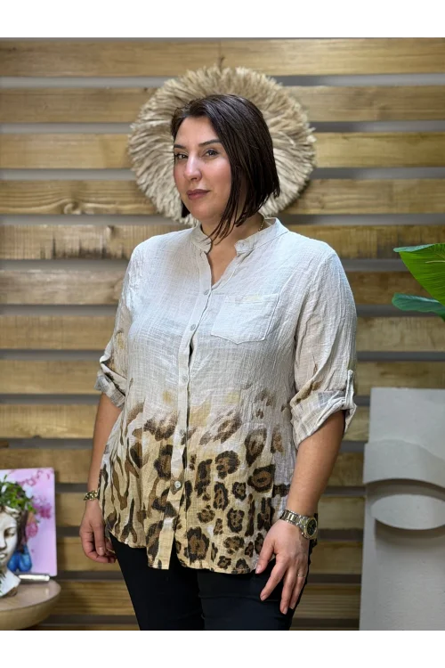 İtalyan Tasarım Keten Leopar Desen Gömlek Krem