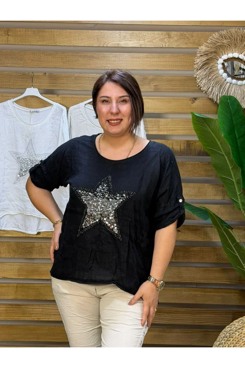İtalyan Tasarım Önü Yıldız Kabartma Detaylı Bluz Siyah
