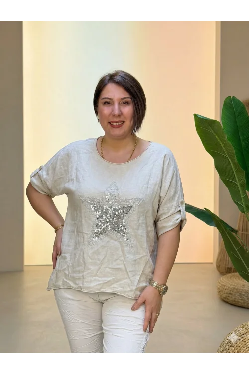 İtalyan Tasarım Önü Yıldız Kabartma Detaylı Bluz Keten
