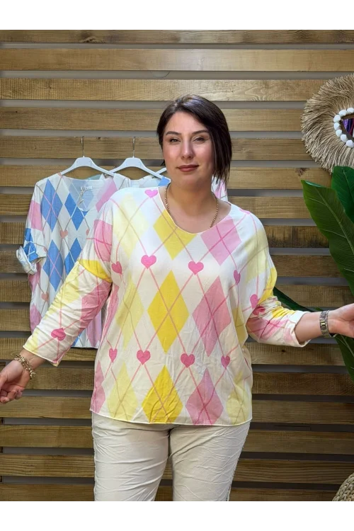 İtalyan Tasarım V Yaka Dijital Baskı Angora Karışım Hafif Bluz Pembe