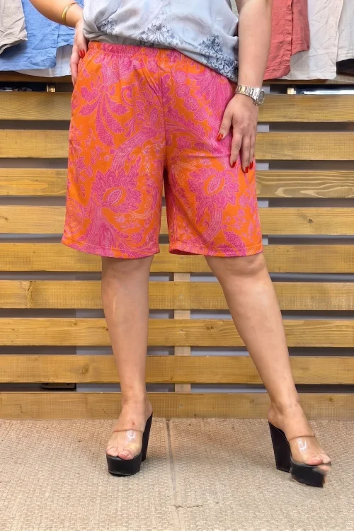 Etnik Desenli Beli Lastikli Bermuda Şort Oranj