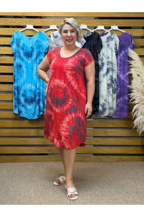 İtalyan Batik Desen Elbise Kırmızı
