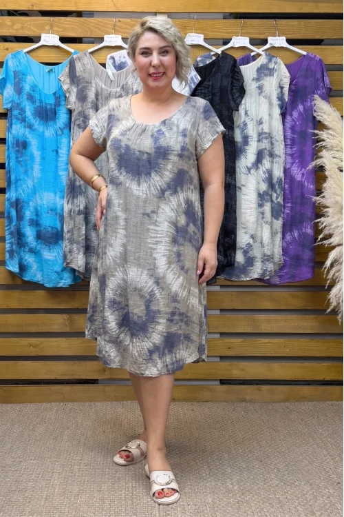 İtalyan Batik Desen Elbise Vizon
