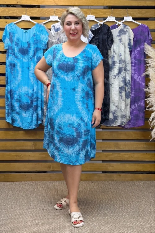 İtalyan Batik Desen Elbise Mavi