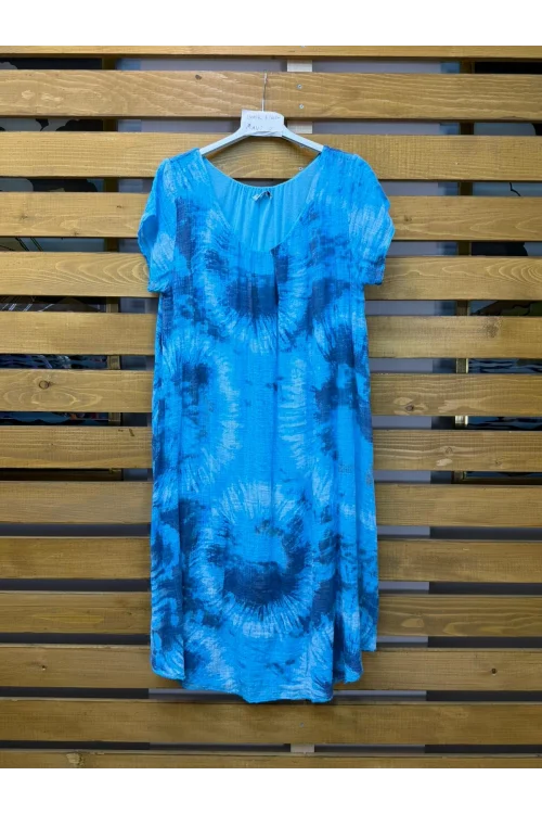 İtalyan Batik Desen Elbise Mavi