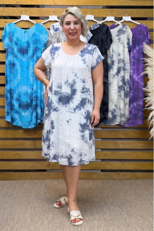 İtalyan Batik Desen Elbise Beyaz