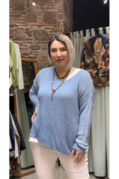 İtalyan Eskitme Merserize Tasarım Bluz İndigo