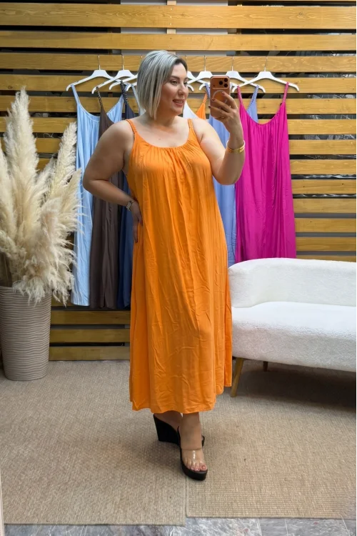 İtalyan Tasarım Askı Detaylı Uzun Elbise Oranj