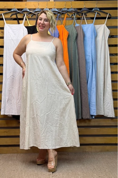İtalyan Tasarım Askılı Ham Keten Elbise Krem