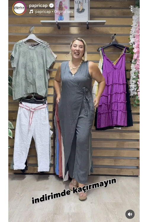 İtalyan Tasarım Bağlamalı Keten Tulum