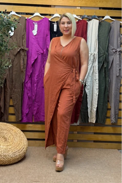 İtalyan Tasarım Bağlamalı Keten Tulum Kiremit