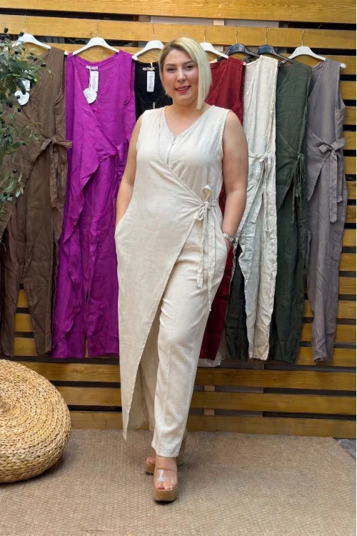 İtalyan Tasarım Bağlamalı Keten Tulum Krem