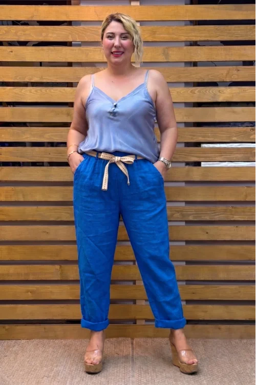 İtalyan Tasarım Beli Bağlamalı Pantolon Saks Mavi