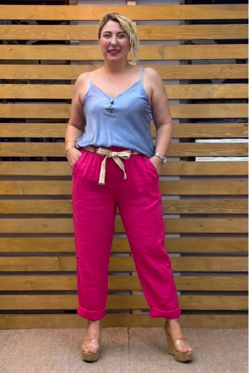 İtalyan Tasarım Beli Bağlamalı Pantolon Pembe