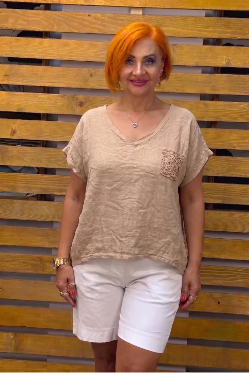 İtalyan Tasarım Cebi Nakışlı Bluz Camel