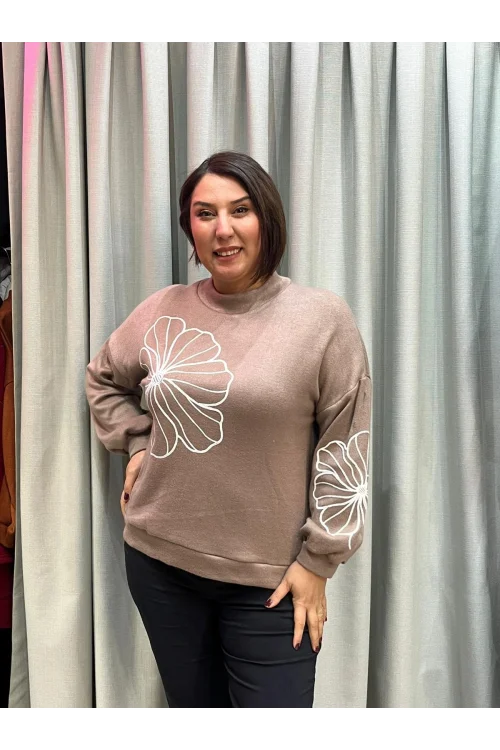 İtalyan Tasarım Çiçek İşlemeli Yumuşak Triko Bluz Pudra