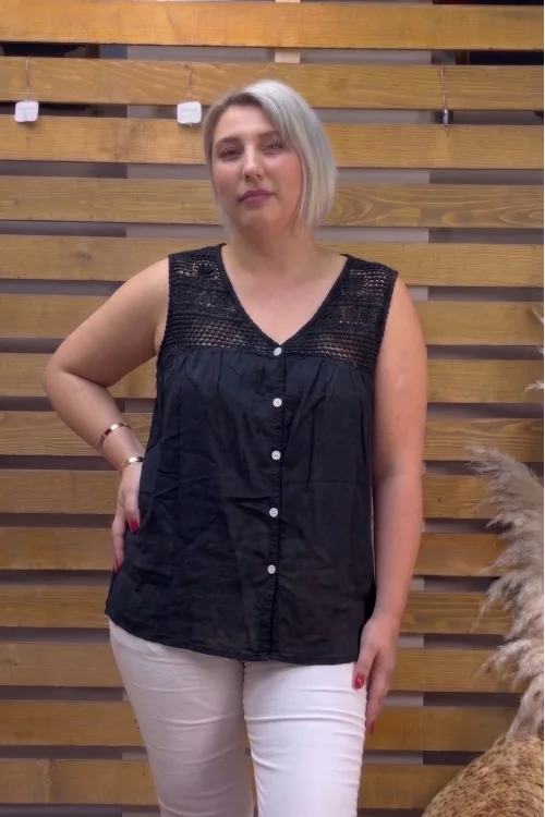 İtalyan Tasarım Dantel Detaylı V Yaka Bluz Siyah