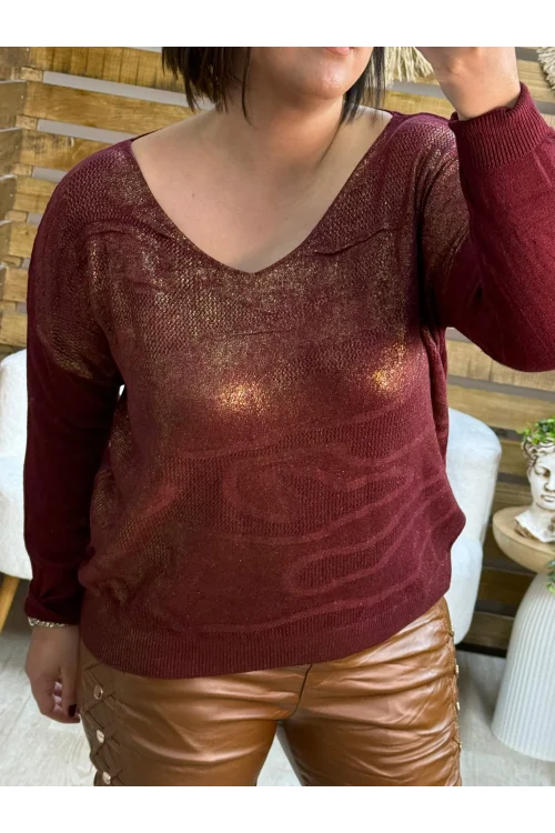 İtalyan Tasarım Desenli Örme Detaylı Yaldız Triko Bluz Bordo