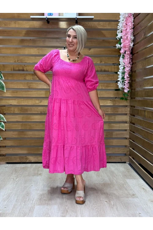 İtalyan Tasarım Fisto İşlemeli Elbise Pembe