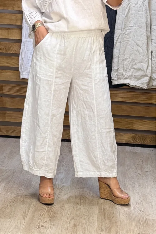 İtalyan Tasarım Ham Keten Şalvar Model Pantolon Beyaz