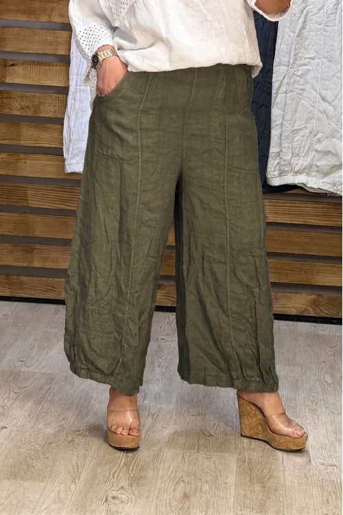 İtalyan Tasarım Ham Keten Şalvar Model Pantolon Haki