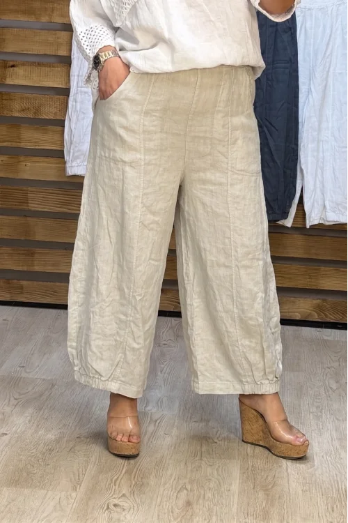 İtalyan Tasarım Ham Keten Şalvar Model Pantolon Krem