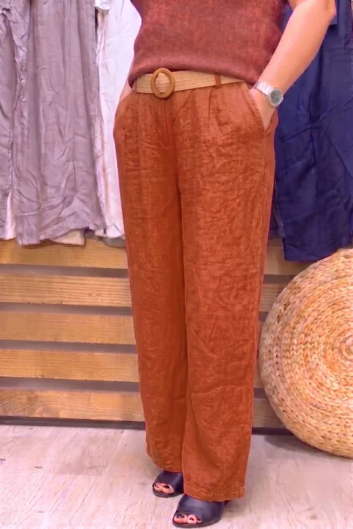 İtalyan Tasarım Hasır Kemer Detaylı Keten Pantolon Camel