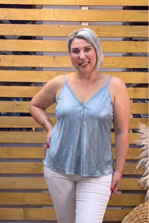 İtalyan Tasarım İpek Saten Askılı Bluz Mavi