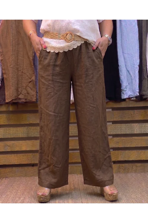 İtalyan Tasarım Kemer Detaylı Keten Pantolon Camel