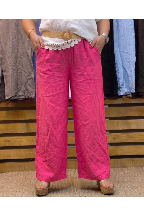 İtalyan Tasarım Kemer Detaylı Keten Pantolon Pembe