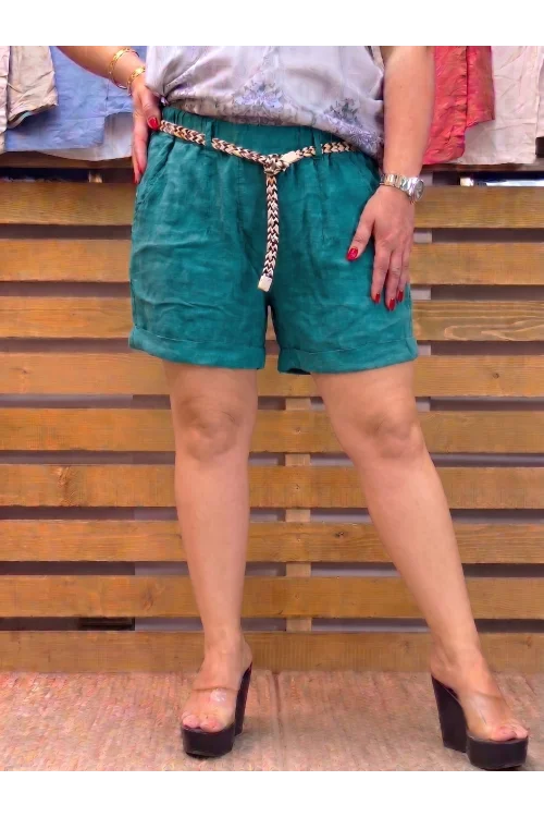 İtalyan Tasarım Kemer Detaylı Keten Şort Petrol Yeşili