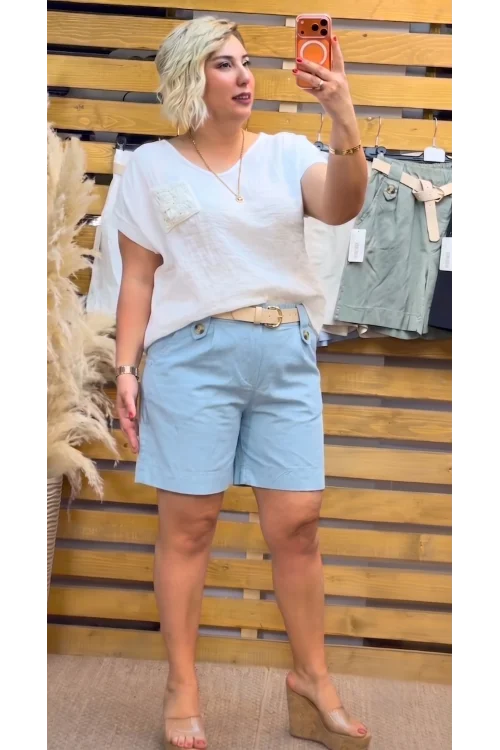 İtalyan Tasarım Kemer Detaylı Likralı Şort Bebe Mavisi