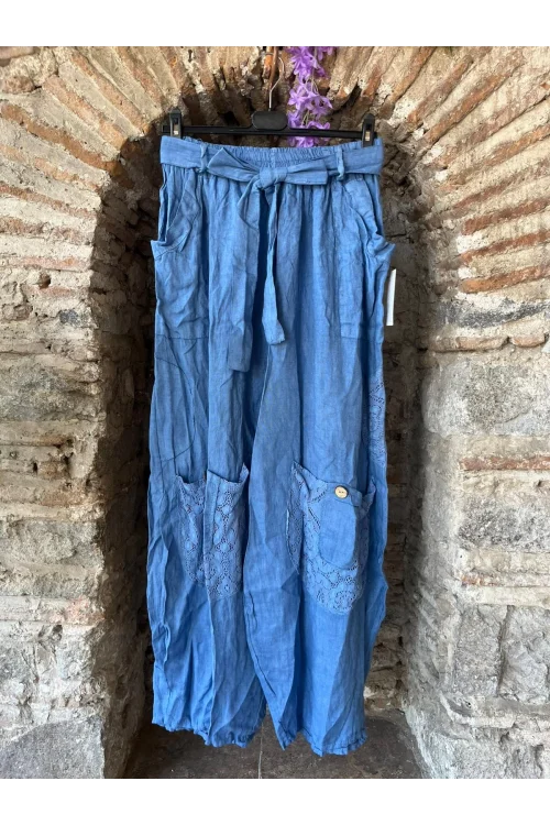 İtalyan Tasarım Keten Dantel Detaylı Pantolon Mavi