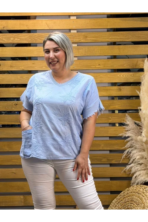 İtalyan Tasarım Keten Nakış Bluz Bebe Mavisi