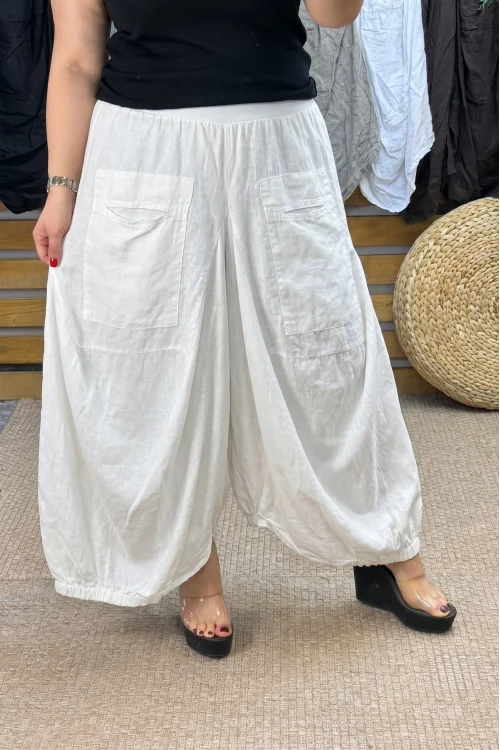 İtalyan Tasarım Keten Şalvar Model Pantolon Beyaz