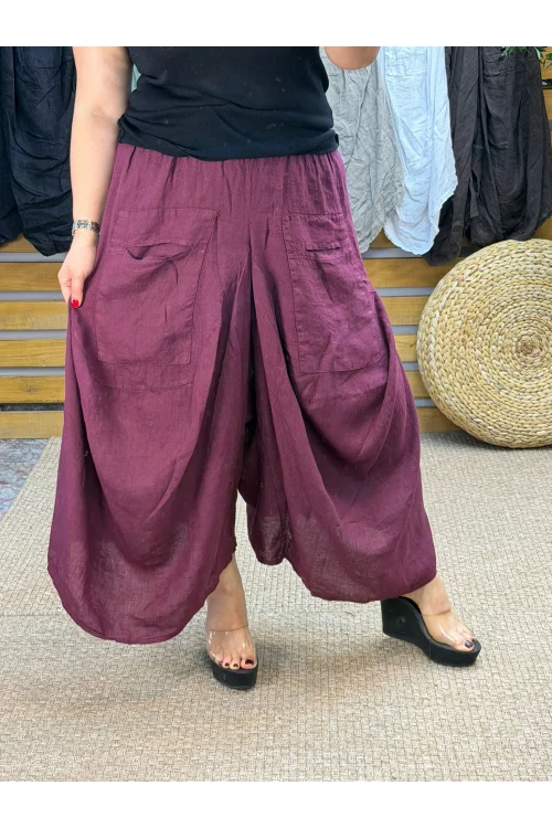 İtalyan Tasarım Keten Şalvar Model Pantolon Bordo