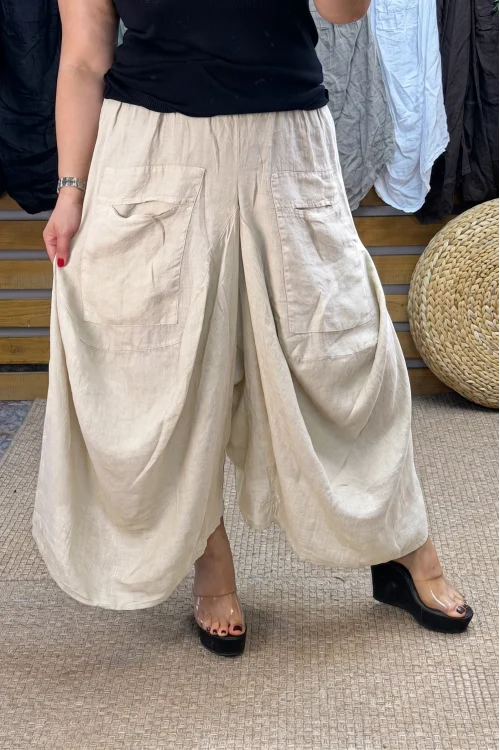 İtalyan Tasarım Keten Şalvar Model Pantolon Krem