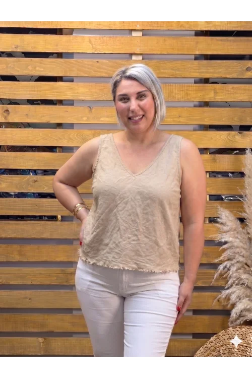 İtalyan Tasarım Keten V Yaka Bluz Camel
