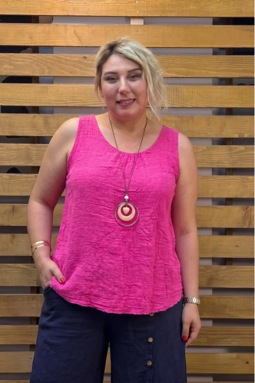 İtalyan Tasarım Kolyeli Sıfır Kol Bluz Pembe