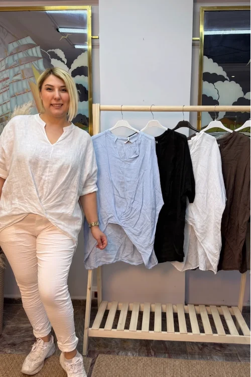 İtalyan Tasarım Önü Detaylı Ham Keten Bluz Beyaz